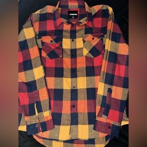 RSQ Orange Red Navy Plaid Button Down Shirt Men’s Sz Large NWOT